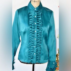 NWOT Talbots Ruffle Rhinestone Button Front 100% Silk Shirt with Lining